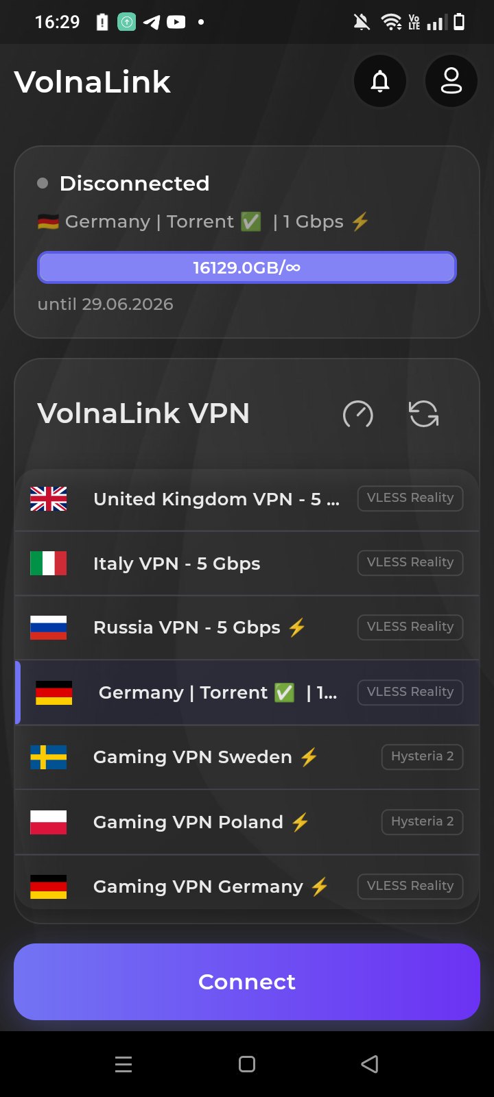 Server list and one-tap connect