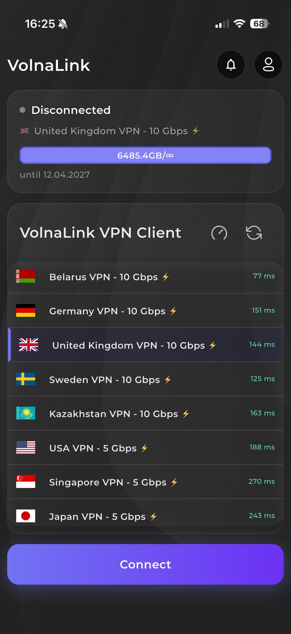 Server list and one-tap connect