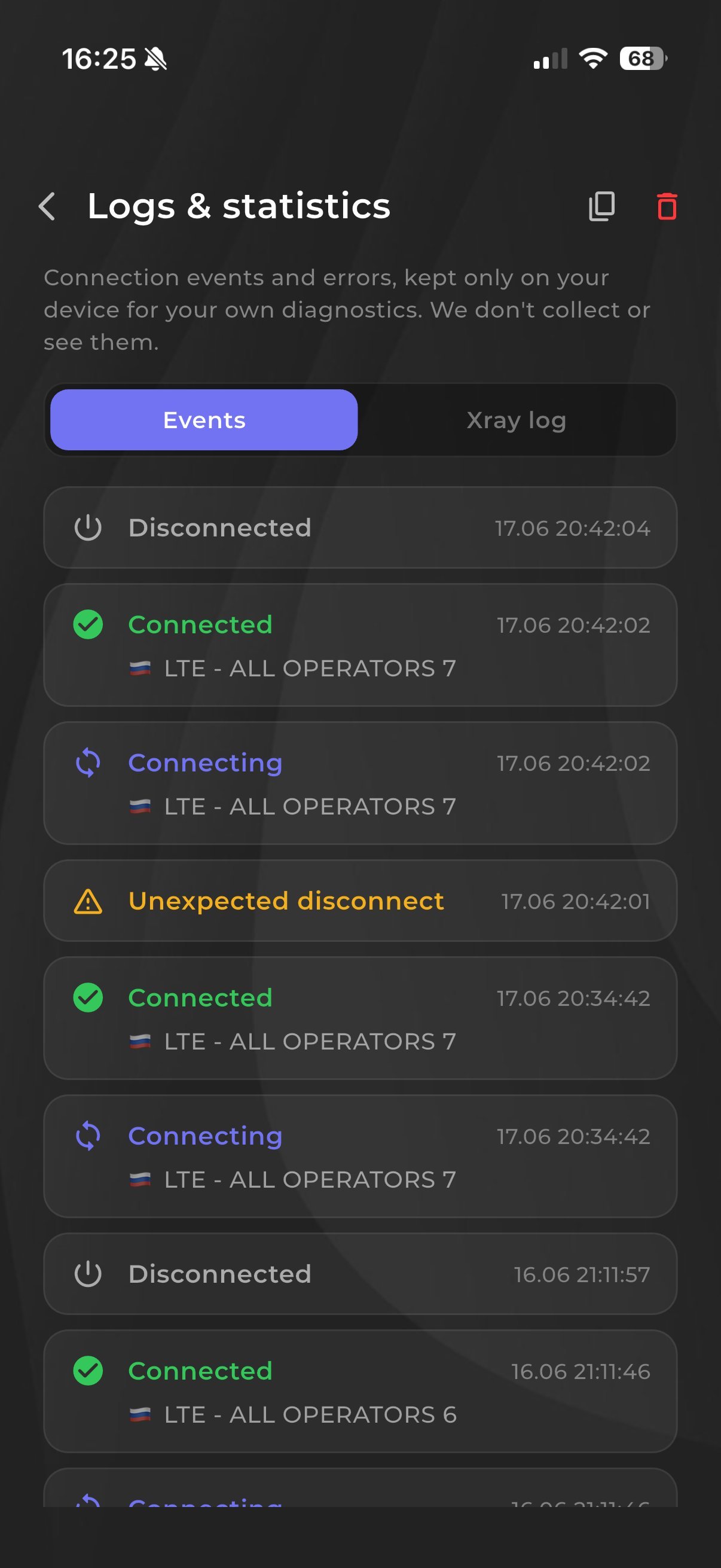 Logs and stats — kept on your device only